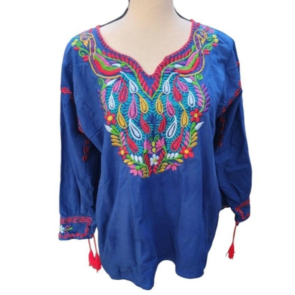 Mexican Embroidered Peasant Boho Top Size Medium Blue Tassel Sleeve Cotton
